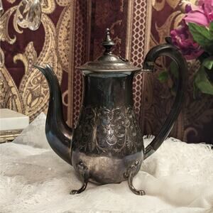EPNS Silverplate Ornate Carved Antique Wood Handle Teapot, Heavy Patina, India